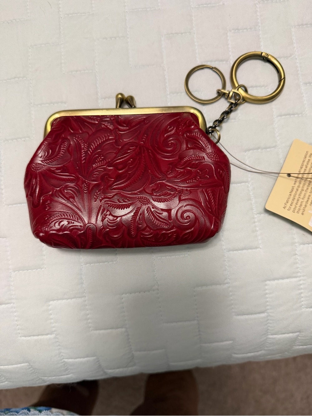 Patricia Nash Embossed Red Leather Kiss-Lock Coin Purse Keychain gold closure